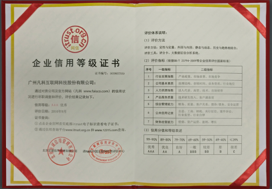 零壹字节企业信用等级证书